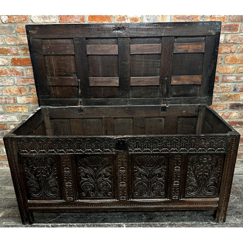 1315 - 18th century panelled oak coffer with four carved floral panels, 76.5 x 159 x 71.5cm