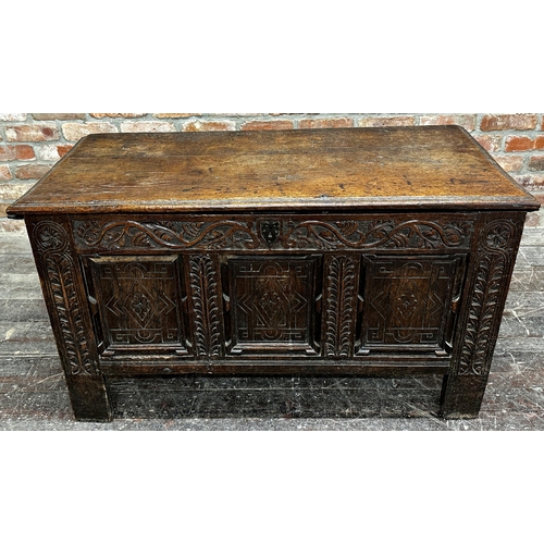 1317 - 17th century oak coffer, three arcaded carved panels to front, 70 x 120.5 x 56cm