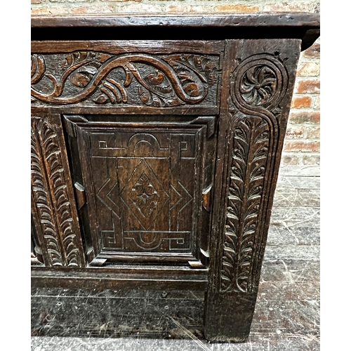 1317 - 17th century oak coffer, three arcaded carved panels to front, 70 x 120.5 x 56cm