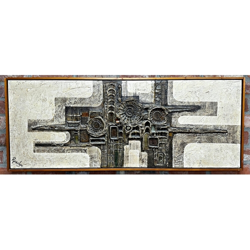 1245 - Rosslyn Ruiz (b.1935) - large abstract relief on board, signed, 46cm x 121cm, framed.