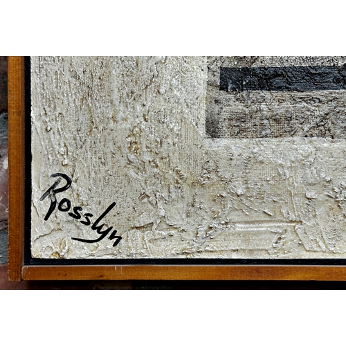 1245 - Rosslyn Ruiz (b.1935) - large abstract relief on board, signed, 46cm x 121cm, framed.