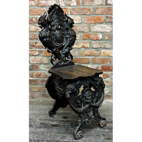 1301 - Good quality 19th century carved walnut Sgabello chair, profusely decorated with mythical beasts and... 