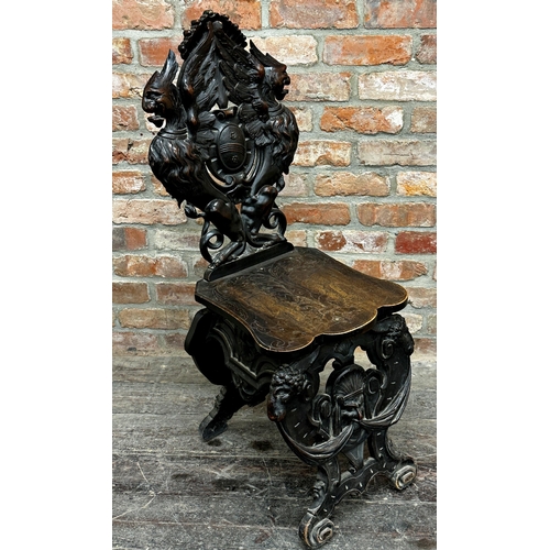 1301 - Good quality 19th century carved walnut Sgabello chair, profusely decorated with mythical beasts and... 