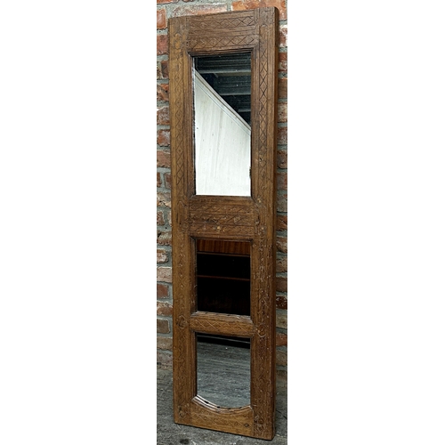 1302 - Eastern hardwood door/mirror with carved detail, 160 x 42cm