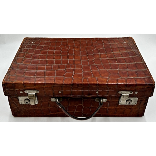 351 - Vintage crocodile leather suitcase by Cuthbertson & Harper of Calcutta, with fitted interior, 15cm h... 