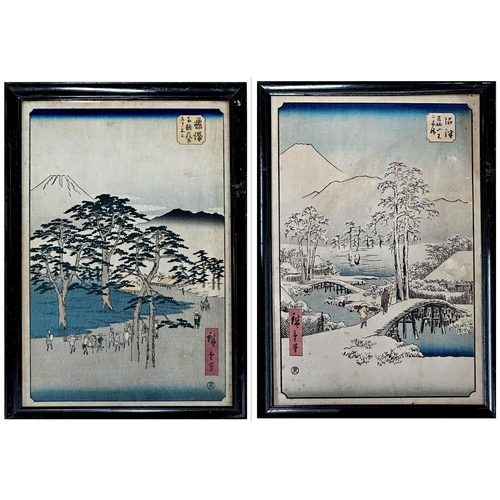 506 - A pair of Japanese wood block prints, each depicting an exterior landscape in different seasons, 37c... 