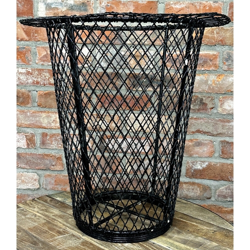 1034 - Vintage woven wirework wastepaper bin or log basket, 60cm high 58cm diameter.