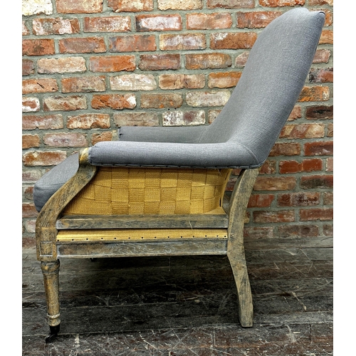 1319 - Contemporary antique style deconstructed lounge chair with limed wooden frame and duck egg upholster... 