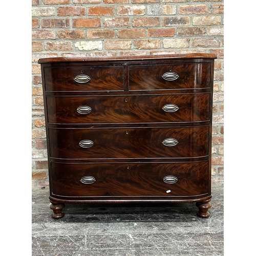 1330 - Good quality Regency flame mahogany bow fronted chest of drawers, two short and three long drawers o... 