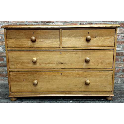 1332 - 19th century reclaimed pine chest of drawers fitted with two short and three long drawers on turned ... 