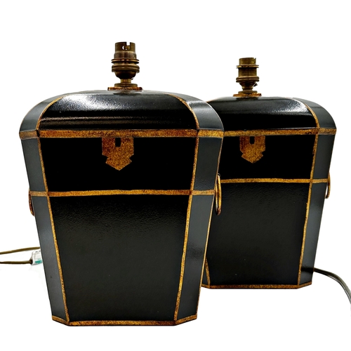 1158 - A pair of novelty toleware table lamps in the form of twin handled sarcophagus tea caddies, 30cm hig... 