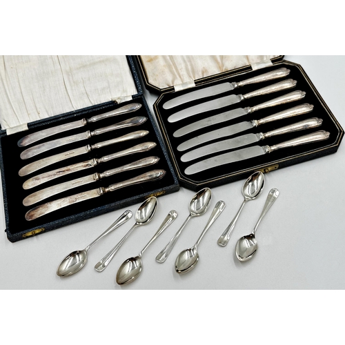 213 - Two cased sets of silver handled fruit knives with a further set of six Hanoverian silver coffee spo... 