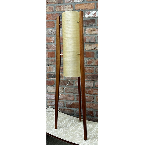 1213 - Mid 20th century spun fibreglass rocket lamp on three teak legs, 92cm high.