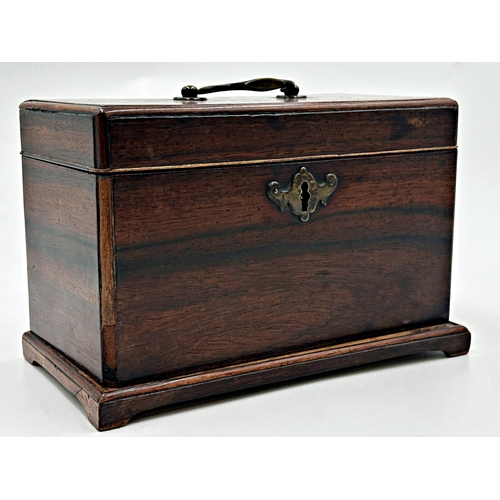 557 - Georgian rosewood tea caddy with brass handle and three-sectional interior, 16cm high x 24cm wide.