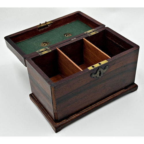 557 - Georgian rosewood tea caddy with brass handle and three-sectional interior, 16cm high x 24cm wide.