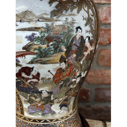 1161 - Japanese porcelain baluster vase lamp with panels of figures and pagoda garden landscapes, with gilt... 