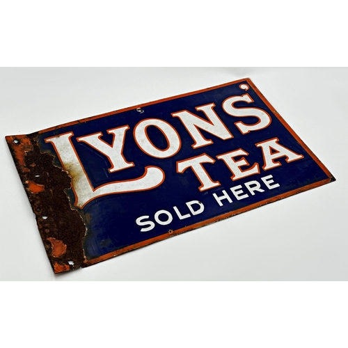 1008 - Advertising-Lyons' tea sold here, twin sided enamel sign, orange and white text on blue, 30cm x 50cm... 