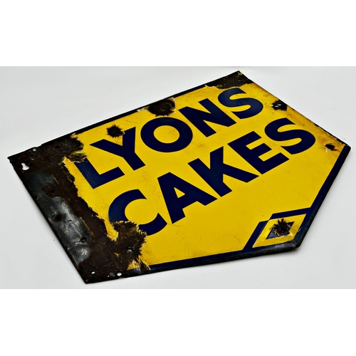 1009 - Advertising-Lyons cakes, twin sided enamel sign, blue text on yellow, 40cm x 50cm.