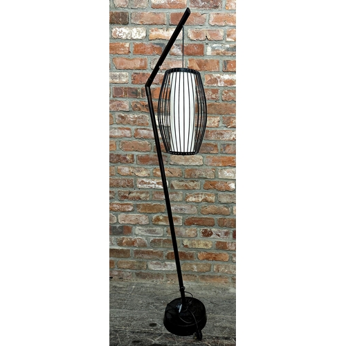 1162 - Good modernist standard lamp upon an angled tubular frame with hanging cage light, 172cm high.