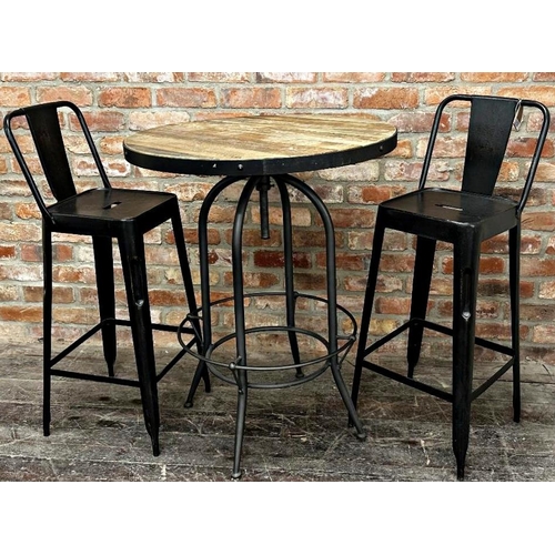 1214 - Industrial style wooden and metal bar table and metal bar stools.   Table measures 99cm high, 80cm d... 