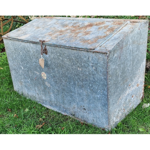 12 - Vintage galvanised feed bin with rivetted edges and rising lid