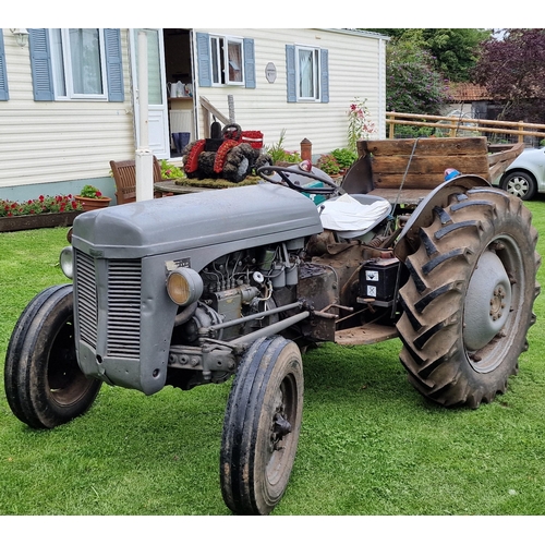 144 - Vintage Ferguson T20 grey diesel tractor, starts and drives, fitted with a working rotary saw, in go... 