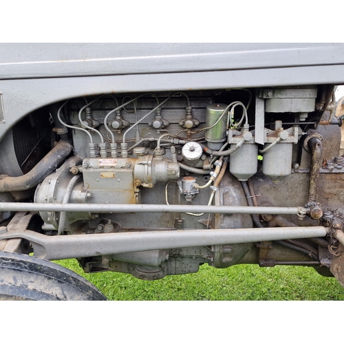 144 - Vintage Ferguson T20 grey diesel tractor, starts and drives, fitted with a working rotary saw, in go... 