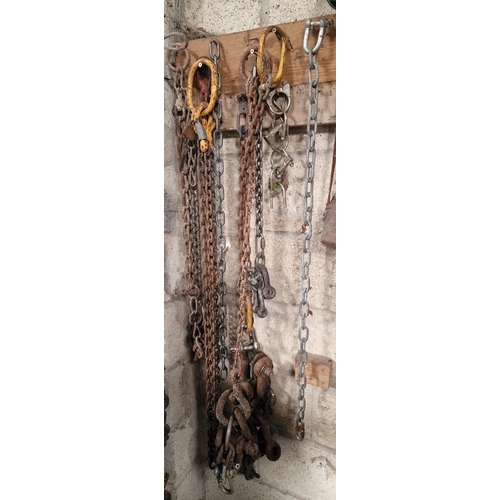 13 - Large collection of industrial chains, links and hooks of varying sizes and gauges