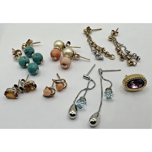 141 - Six pairs of gold earrings to include coral, turquoise, aquamarine etc, with two further singles, 8.... 