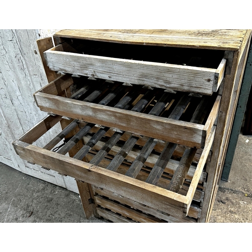 42 - Antique pine apple crate with ten sliding drawers, 119x 68cm