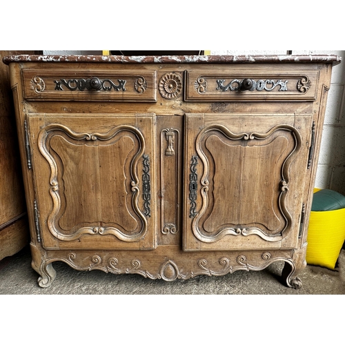 34 - 18th century French fruitwood marble top buffet, the moulded red-veined  marble top over two drawers... 