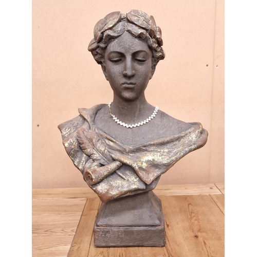 99 - Bronzed resin classical bust of a woman with gilt highlights, 52cm high