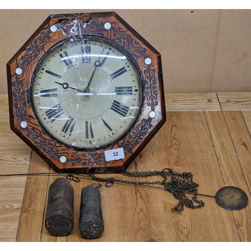 102 - 19th century postman's wall dial, octagonal frame with engraved scrolled foliate decoration and inla... 