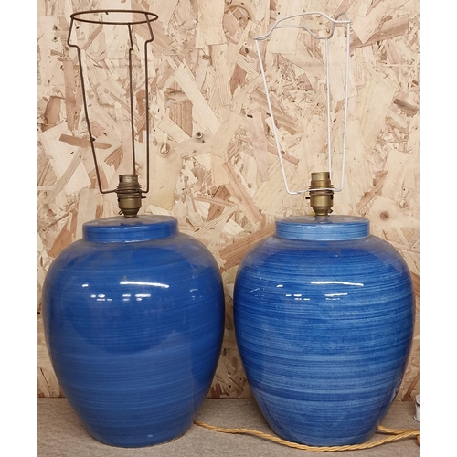 111 - Pair of mottled blue ceramic baluster table lamps, 35cm high