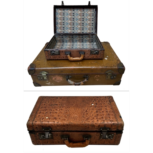 71 - Vintage crocodile leather hard travel case together with a further large leather bound case (2)