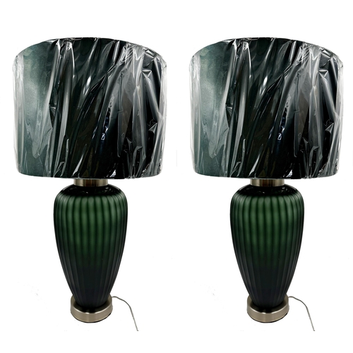 95 - Pair of Nordic Style faceted green glass baluster table lamps with shades, 64cm high (2)