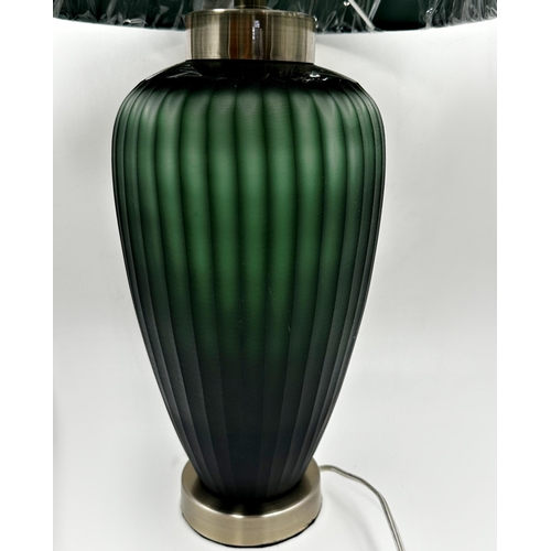 95 - Pair of Nordic Style faceted green glass baluster table lamps with shades, 64cm high (2)