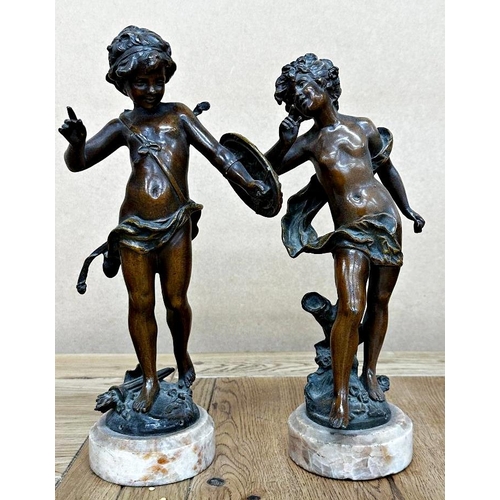 115 - Pair of French bronzed spelter classical figures on marble plinth bases, 31cm high (2)