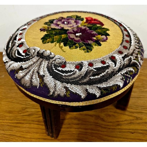 122 - Victorian woolwork and beaded footstool, 24 x 35cm