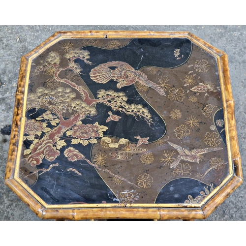 25 - Antique bamboo occasional table, the octagonal top with Chinoiserie decoration raised upon swept sup... 