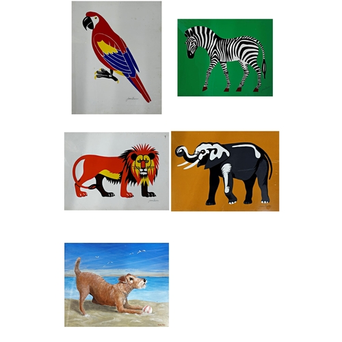 465 - James Barlow (20th century) - four stylish studies of a Lion, Parrot, Elephant and Zebra, signed, co... 