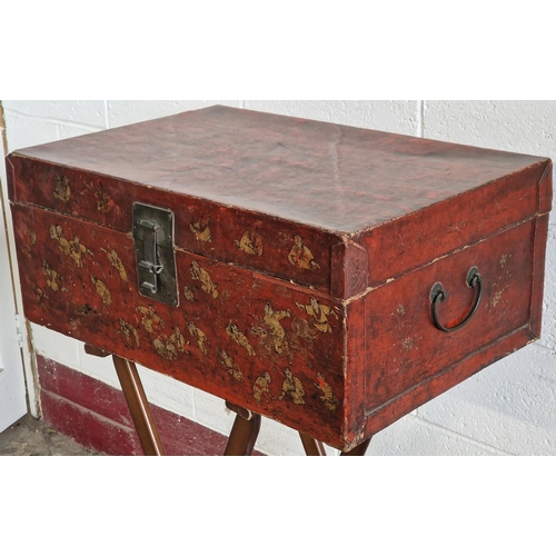 66 - Antique Chinese red lacquered box, 28.5 x 71 x 46cm