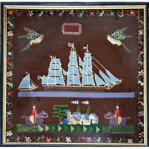 1569 - Large 19th century Welsh sampler by Ann Jones, with two sailing vessels, cavaliers on horseback and ... 