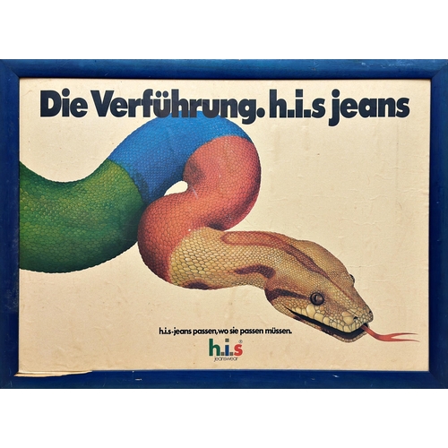 1013 - Vintage German advertising poster for H.I.S Jeanswear, 60 x 84cm, framed