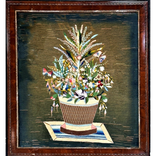 1570 - Good 19th century Folk Art woolwork picture depicting a floral bouquet with butterflies, 57 x 47cm, ... 