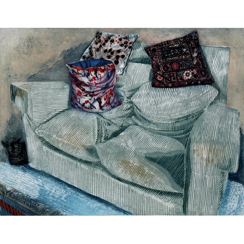 1269 - Richard Bawden (born 1936) - 'Hatties Sofa', signed, limited 19/85 colour etching, 41 x 59cm, framed