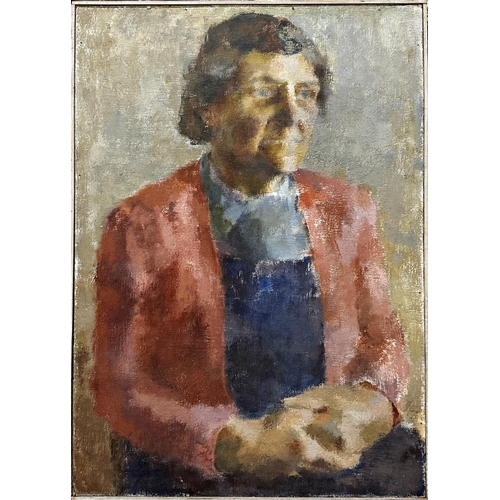 1276 - Penelope Ellis (born 1935) - half length portrait of a seated lady, unsigned, oil on board, 61 x 43c... 