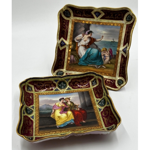 424 - Pair of good quality Vienna porcelain square dishes, painted with classical scenes, with raised gild... 