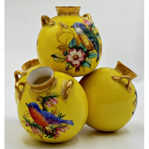 432 - Royal Worcester porcelain stylised tulip vase in the form of four urns, hand painted with birds on a... 