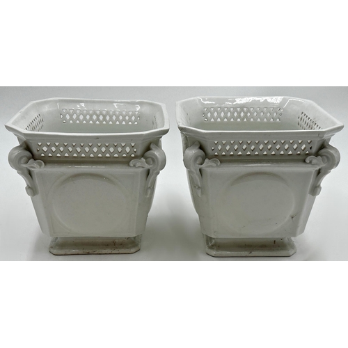 434 - Pair of Meissen porcelain blanc-de-chine square jardinière pots, 16cm high x 17cm wide